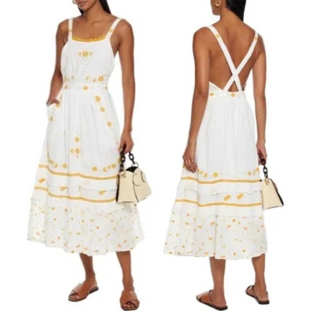 LoveShackFancy White Midi Dress with Yellow Embroidery